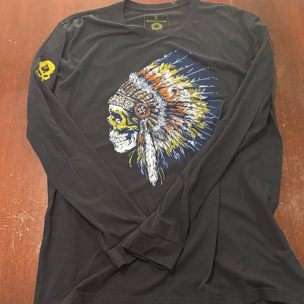 Black Long Sleeve Shirt with Skull and Headdress Design